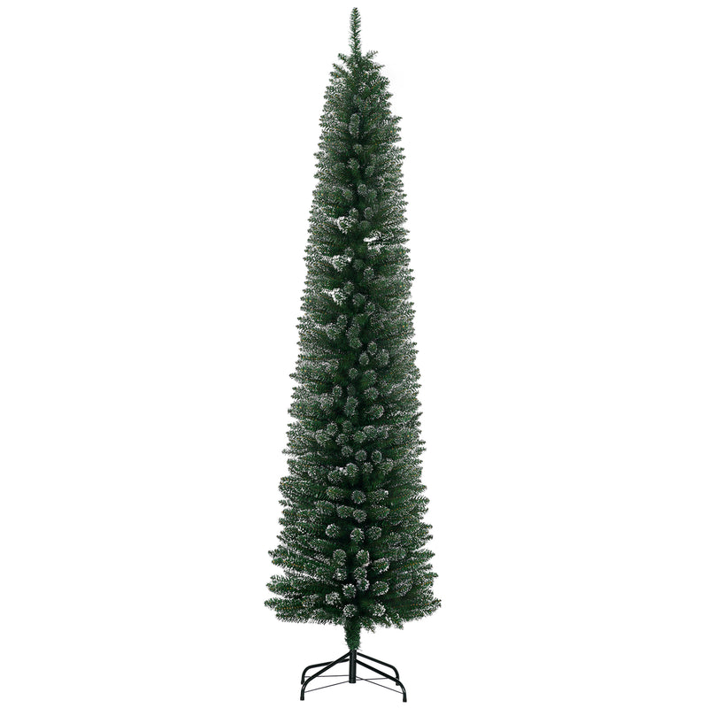 7.5ft tall slim green pencil Christmas tree with white snow-dipped tips on a black stand
