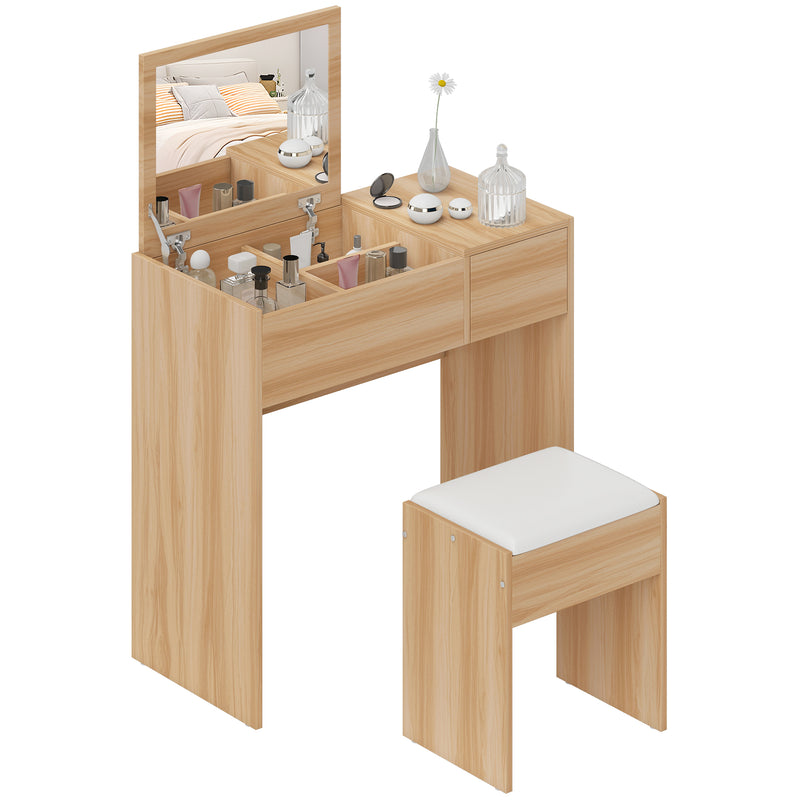 Natural wood-effect 80 cm dressing table with flip-top mirror and cushioned stool