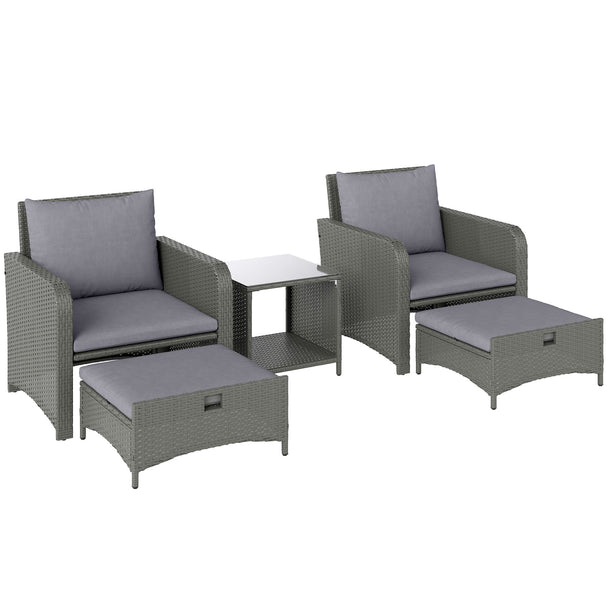 5-piece grey rattan armchair set with grey cushions, ottomans and 2-tier glass table