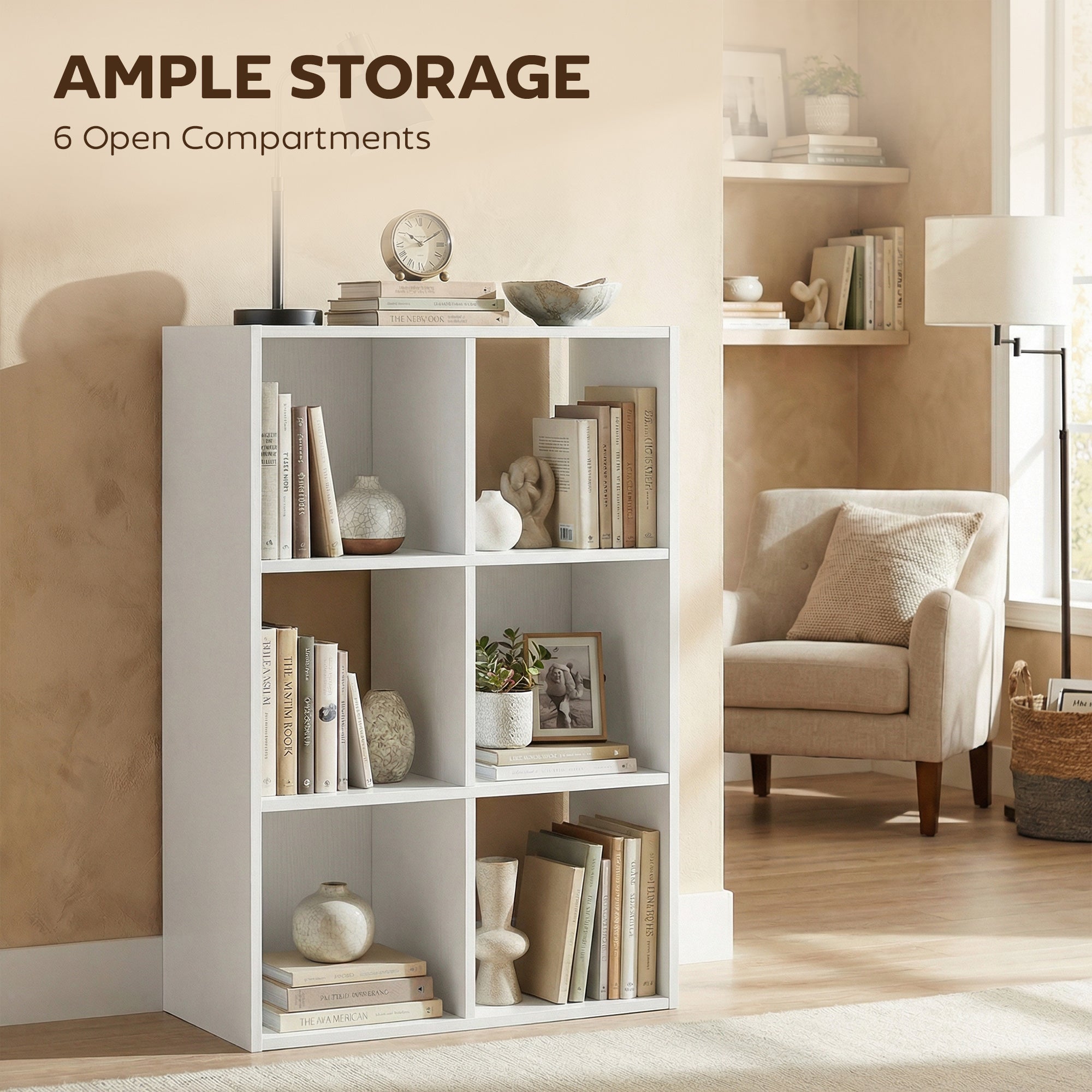 Industrial Style Storage Shelf, Bookcase, Bookshelf with 6 Compartments, for Living Room, Home Study, White Wood Effect