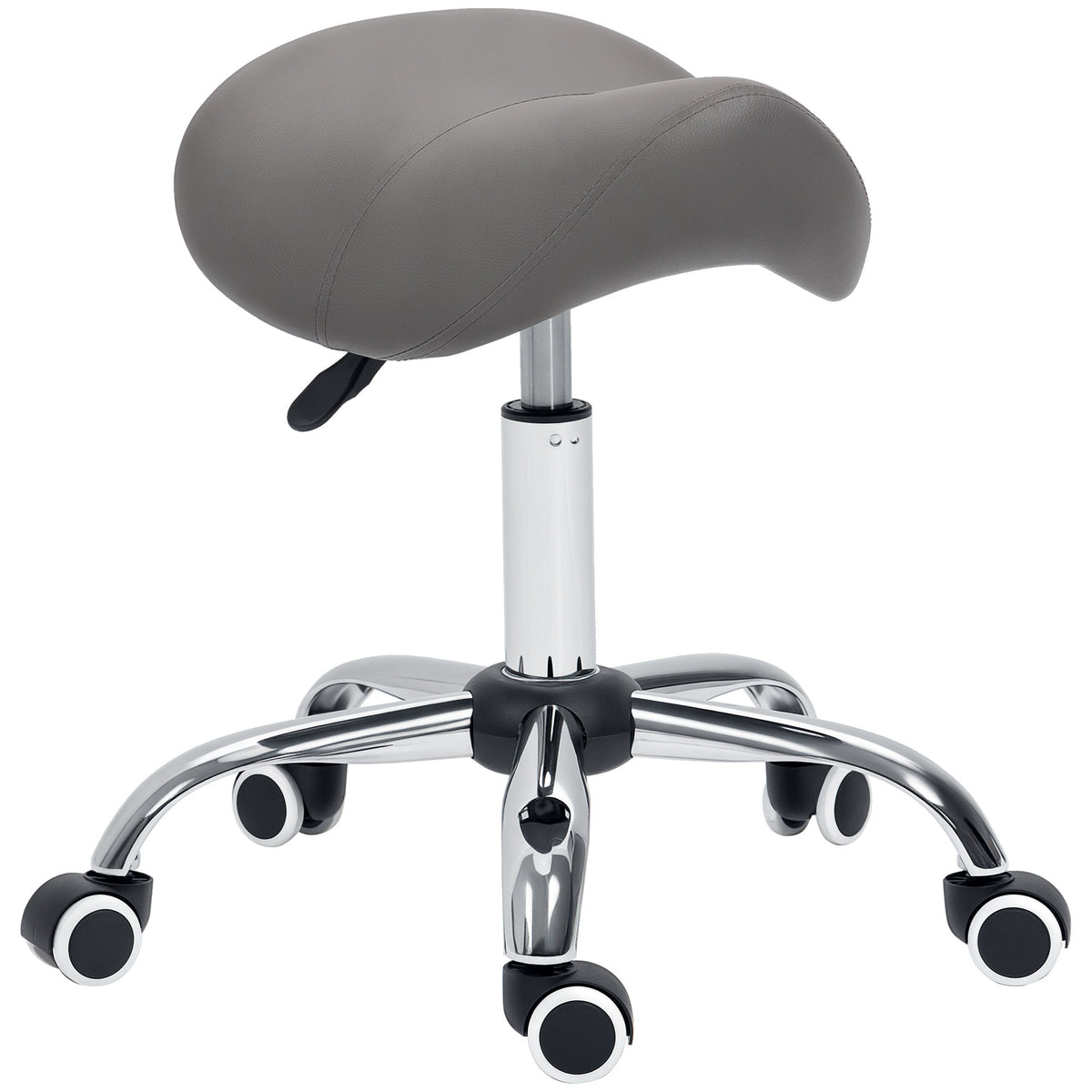 Grey faux leather saddle stool with hydraulic height adjustment and five wheels