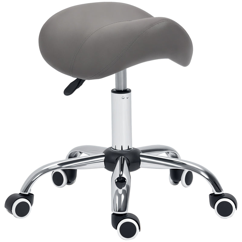 Grey faux leather saddle stool with hydraulic height adjustment and five wheels