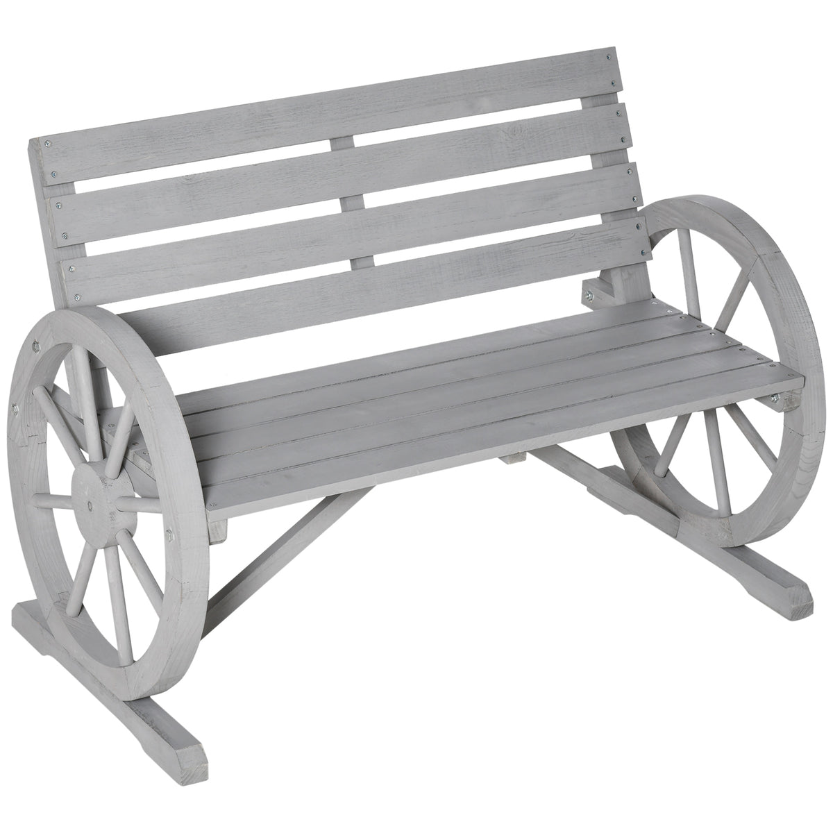 Charcoal grey fir wood 2-seater garden bench with wagon wheel armrests and high back