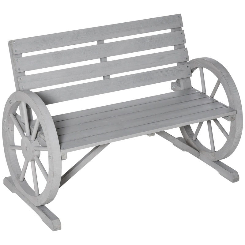 Charcoal grey fir wood 2-seater garden bench with wagon wheel armrests and high back