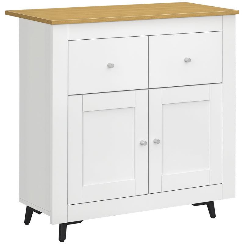 White sideboard with natural wood-effect top, two drawers and double-door cupboard