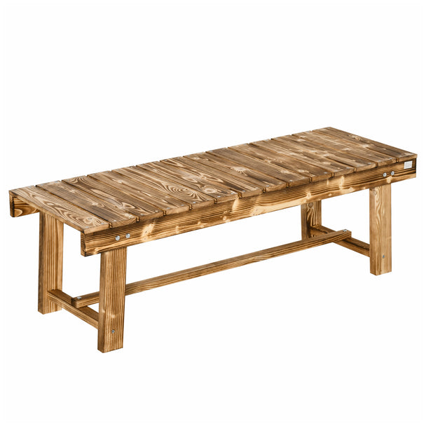 Carbonised fir wood backless 2-seater garden bench with slatted top and footrest bar