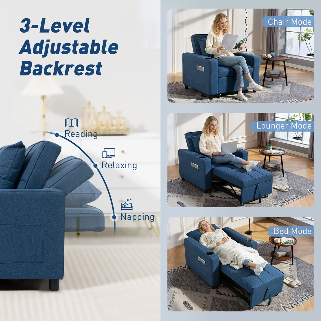 3-in-1 Single Sofa Bed, Convertible Sleeper Chair Bed - Dark Blue