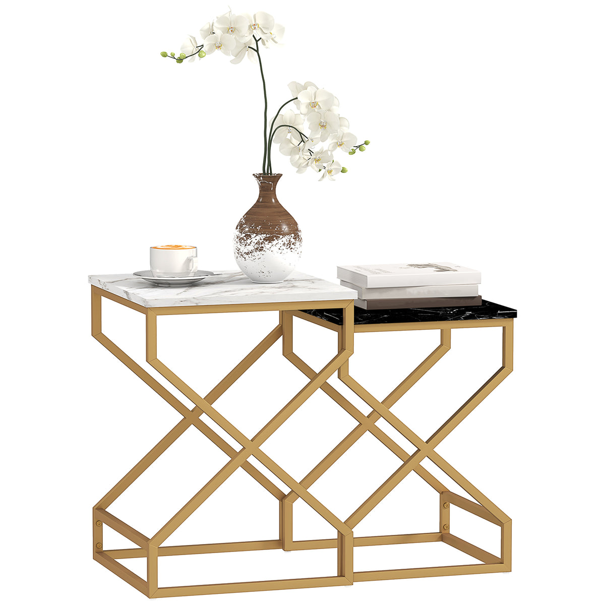 Set of 2 Square Marble-Effect Nesting Tables – White, Black & Gold