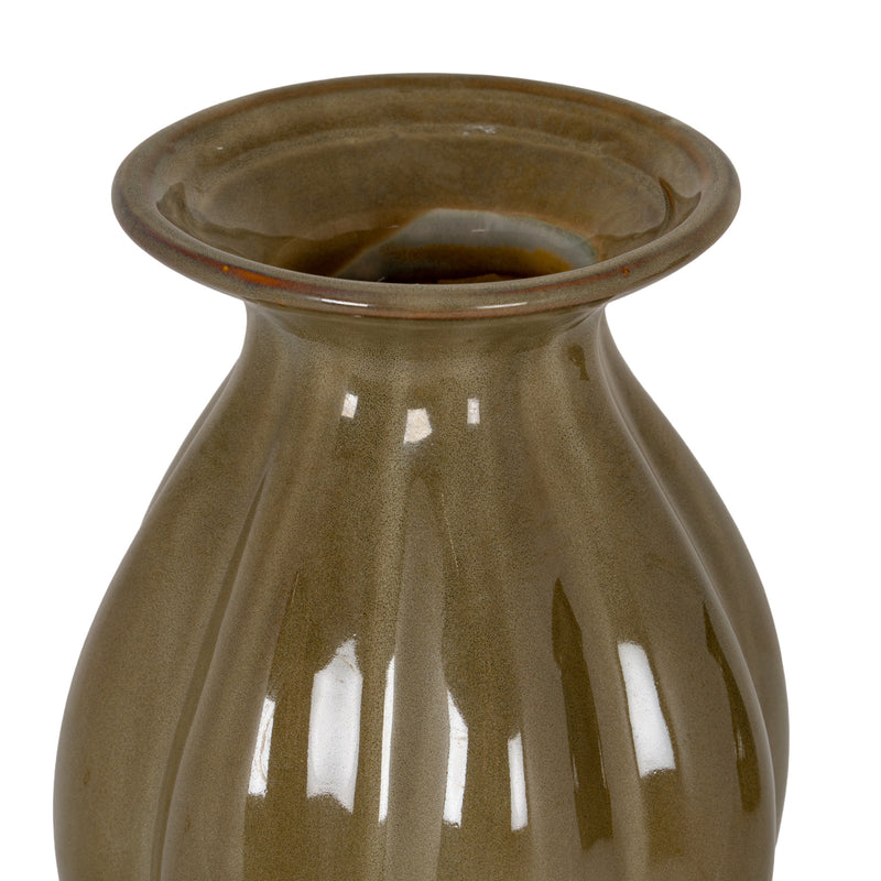 Close-up of the flared neck and glossy sage glaze