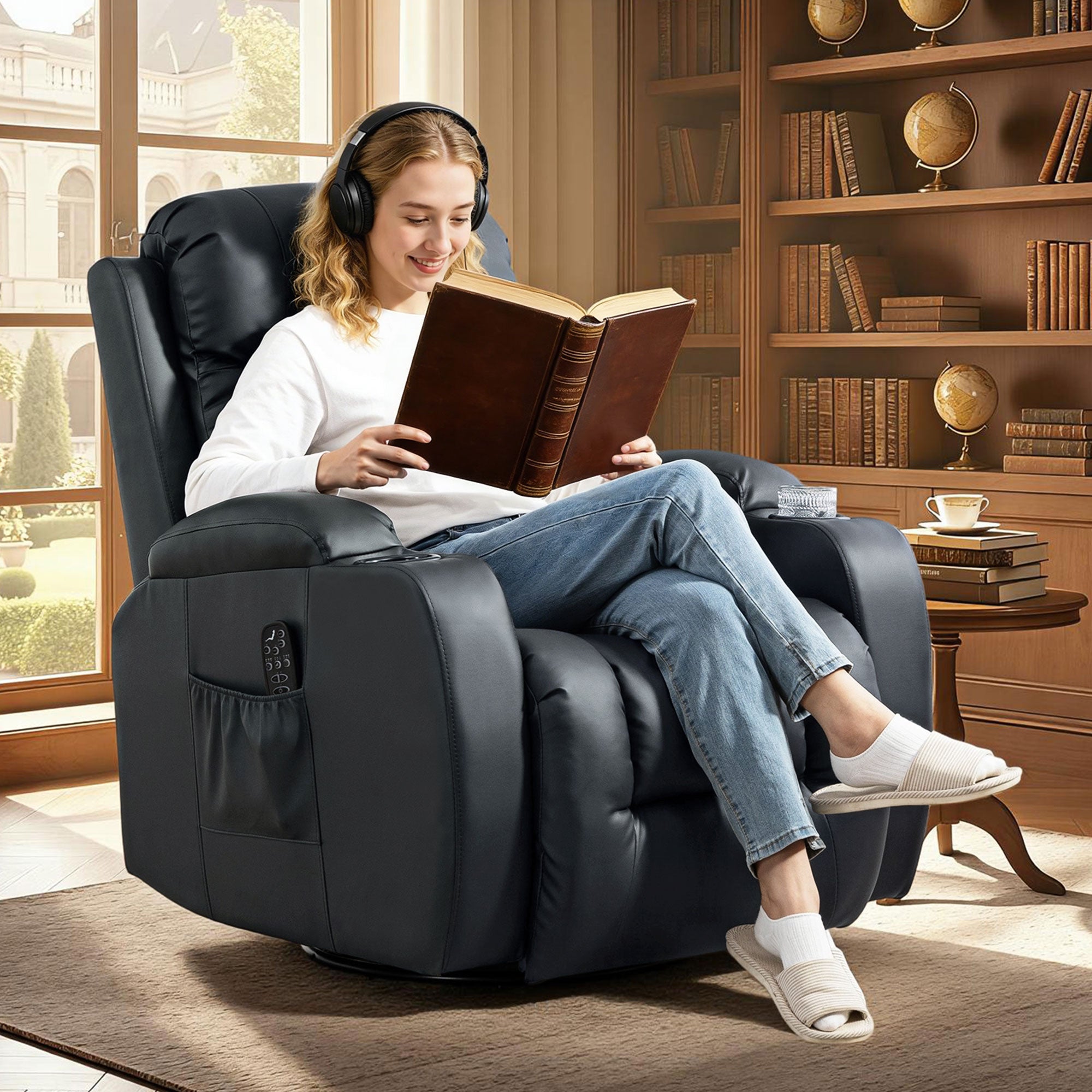 PU Leather Recliner Chair, Recliner Armchair with Extended Footrest, Cup Holders and Side Pockets, Black