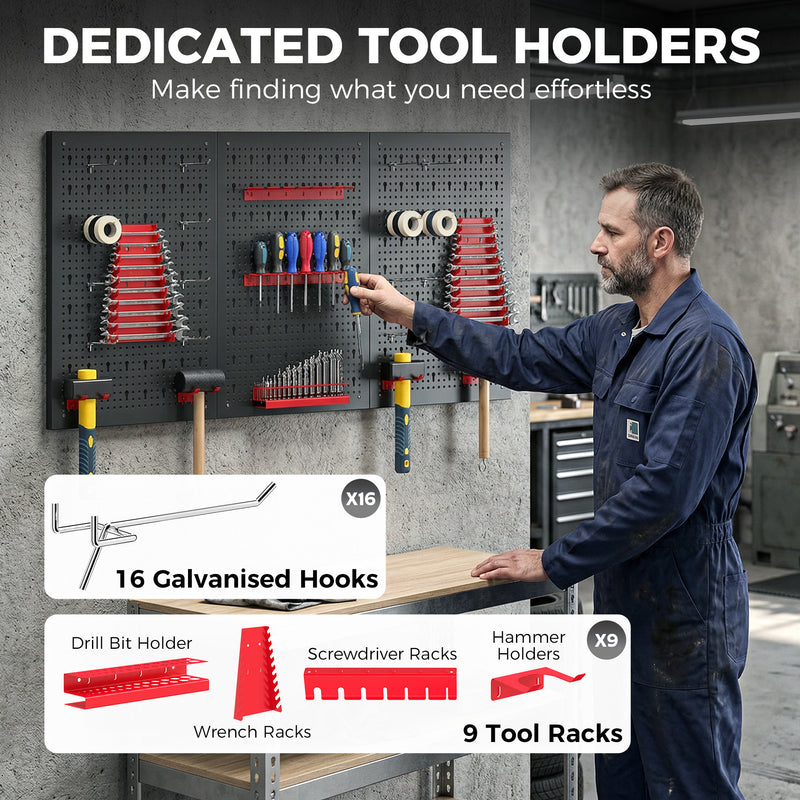28-Piece Wall-Mounted Tool Pegboard Set with 3 Panels – Black/Red – image 5 of 9