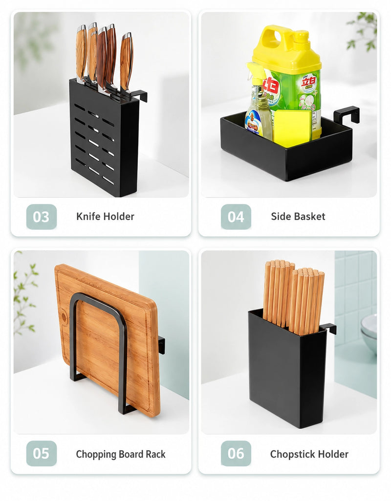 Set of kitchen organizers including a knife holder, side basket, chopping board rack, and chopstick holder.