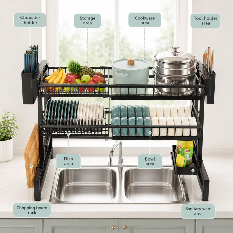 Kitchen organizer with labeled sections above a sink
