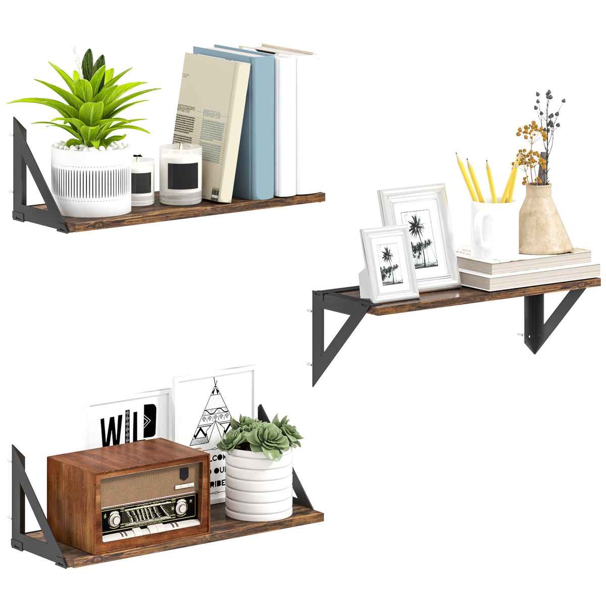 Set of 3 Wall-Mounted Floating Shelves – Rustic Brown
