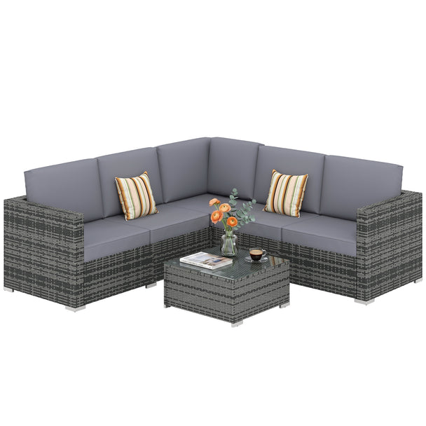 Grey 5-seater rattan corner sofa set with wide cushioned seats and glass-top coffee table