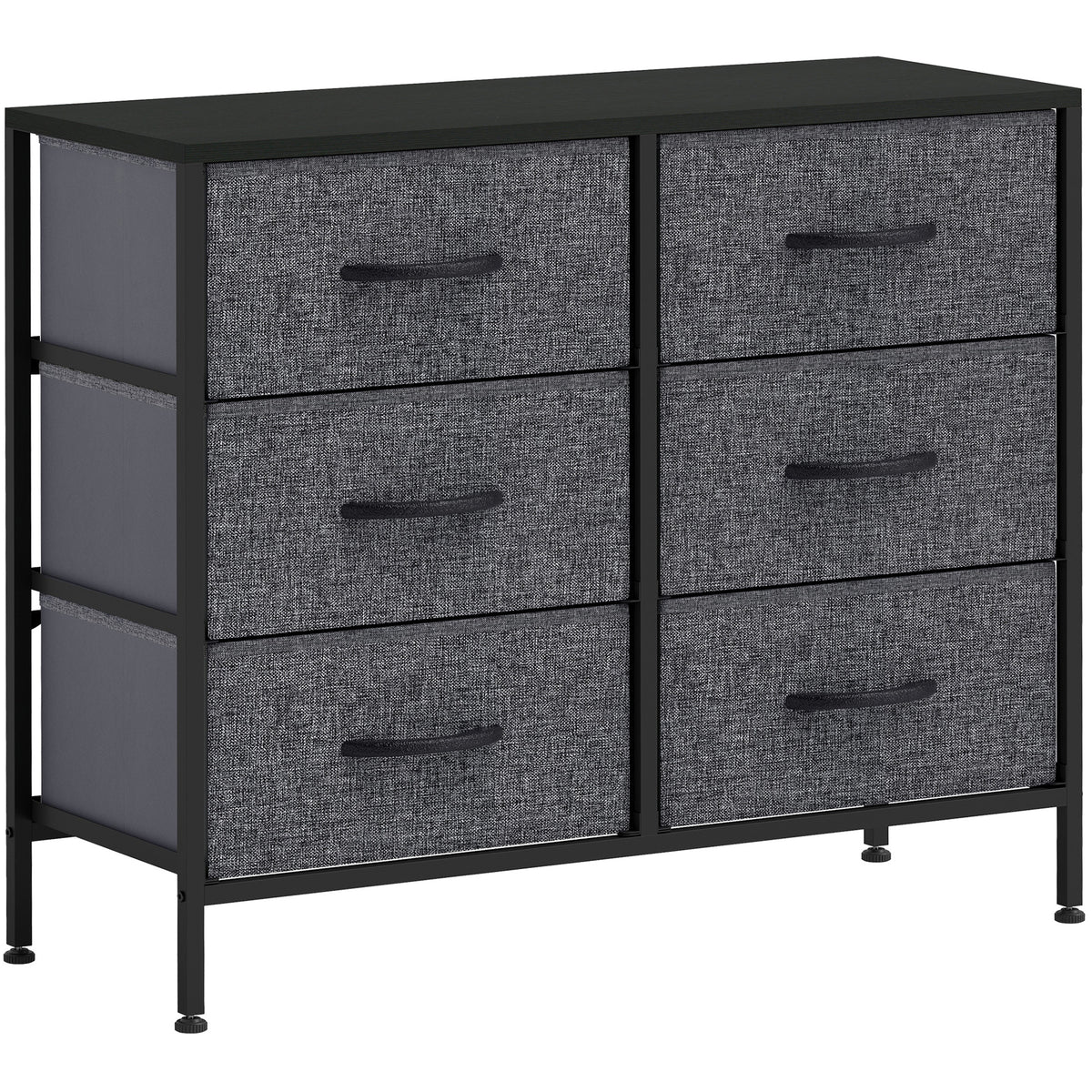 Black 6-drawer fabric chest with wood-effect top and steel frame
