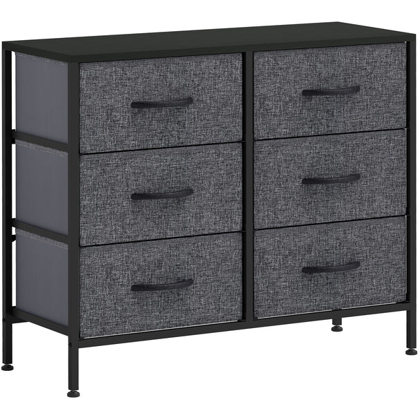 Black 6-drawer fabric chest with wood-effect top and steel frame