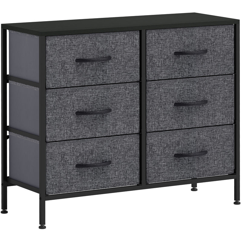 Black 6-drawer fabric chest with wood-effect top and steel frame