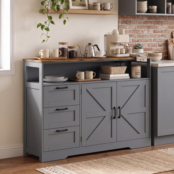 HOMCOM Sideboard Cabinet with Power Outlet, Farmhouse Kitchen Cabinet with 3 Drawers and Open Shelf, Grey – view 2