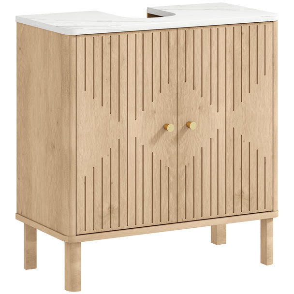 Oak and white under sink bathroom cabinet with fluted doors and gold-tone handles