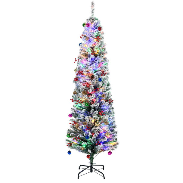 6ft pre-lit snow-flecked Christmas tree with colourful LEDs, berries, pine cones and baubles
