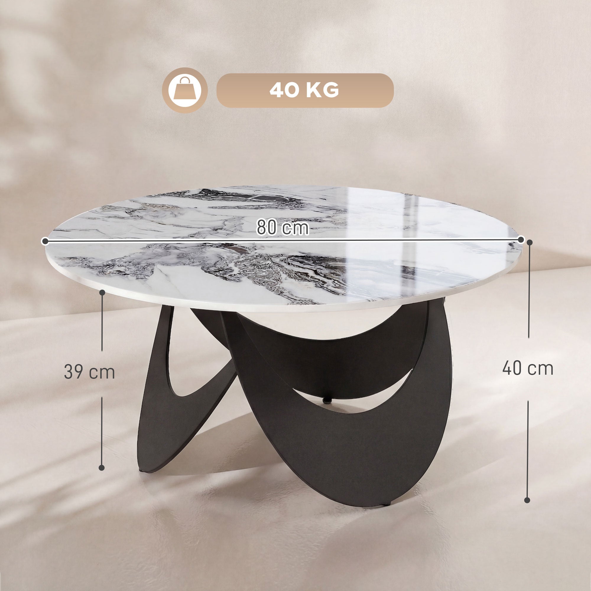 Coffee Table Sintered Stone Top Adjustable Foot Pads Modern Centre Table for Living Room White and Black