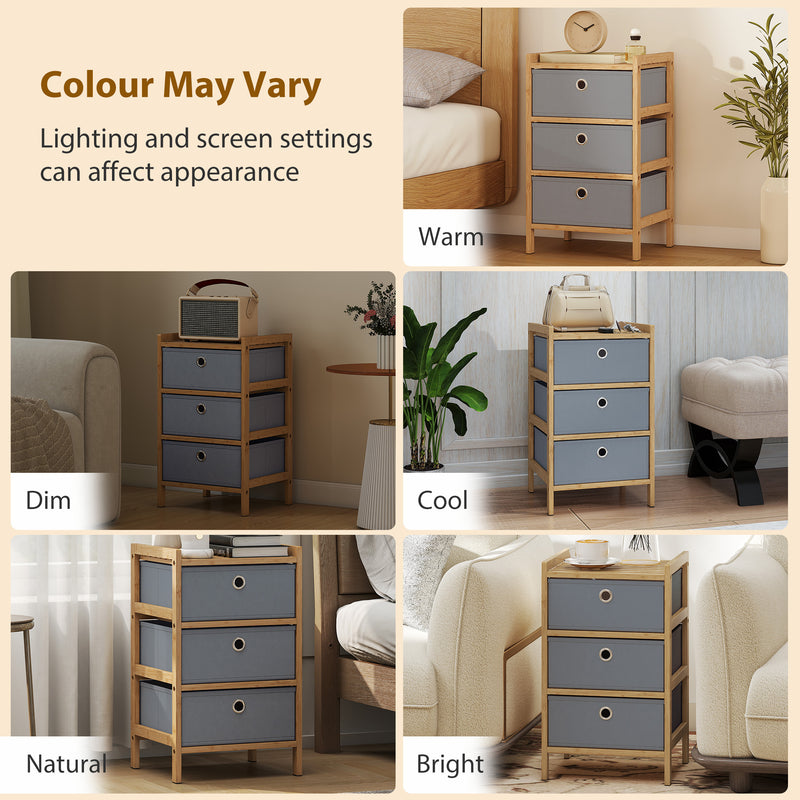 HOMCOM Chest of Drawers, 3 Fabric Drawers Narrow Dresser with Bamboo Frame, Light Grey – view 9