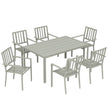 7-piece light grey steel garden dining set with large rectangular table and six stackable armchairs