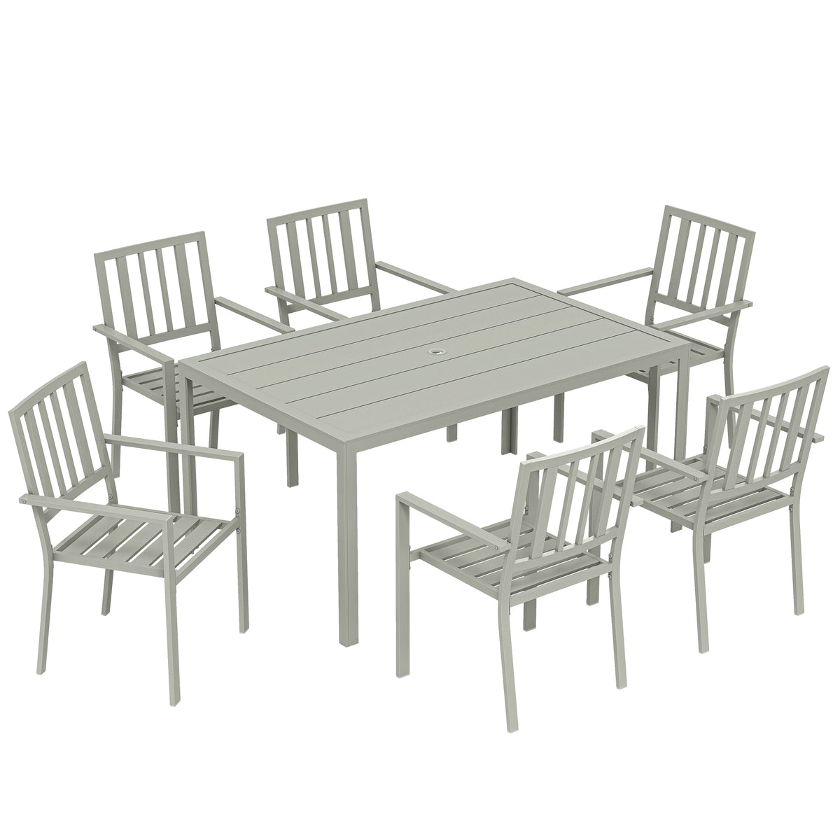 7-piece light grey steel garden dining set with large rectangular table and six stackable armchairs
