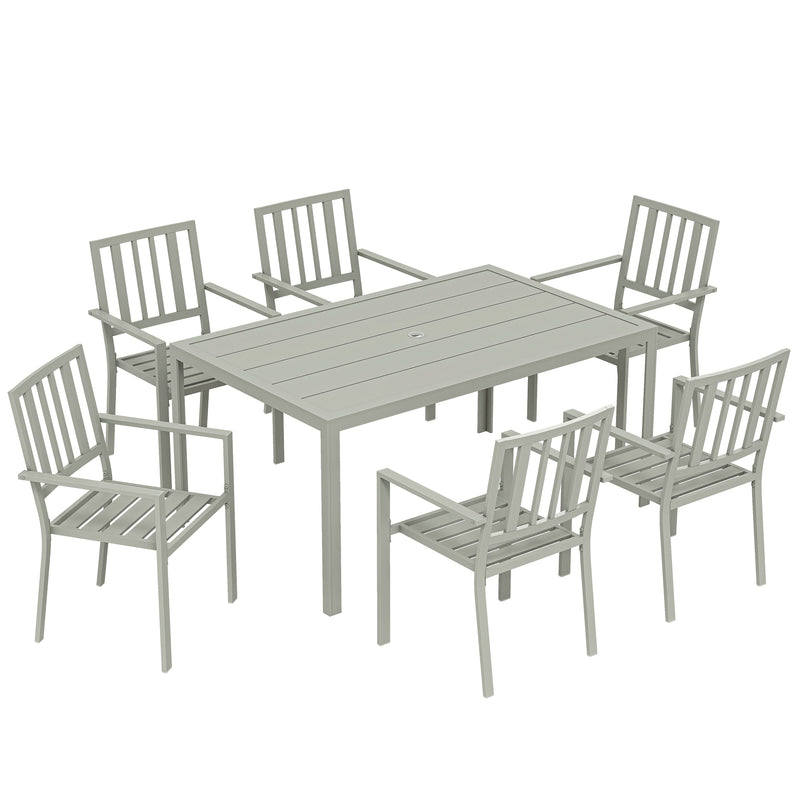 7-piece light grey steel garden dining set with large rectangular table and six stackable armchairs