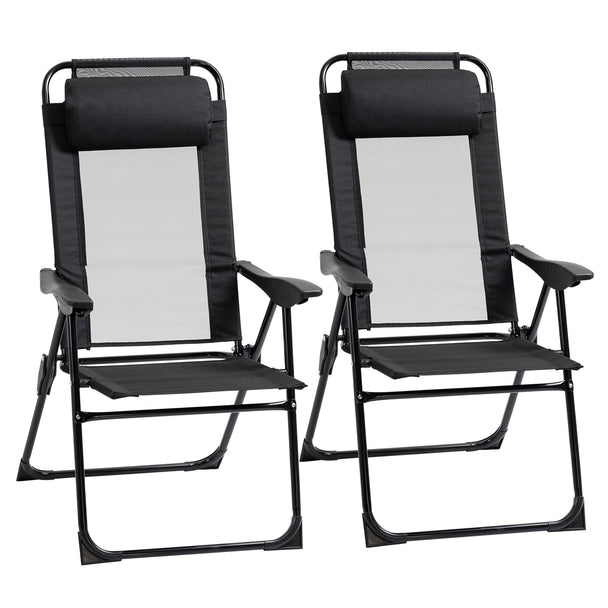Pair of black folding high-back garden chairs with mesh seats and padded headrests