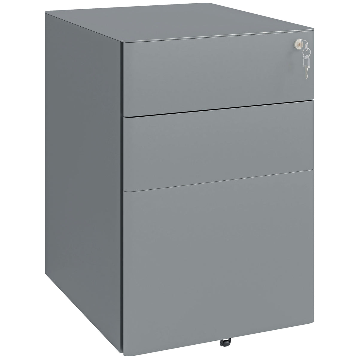 Grey steel mobile filing cabinet with three lockable drawers on swivel castors