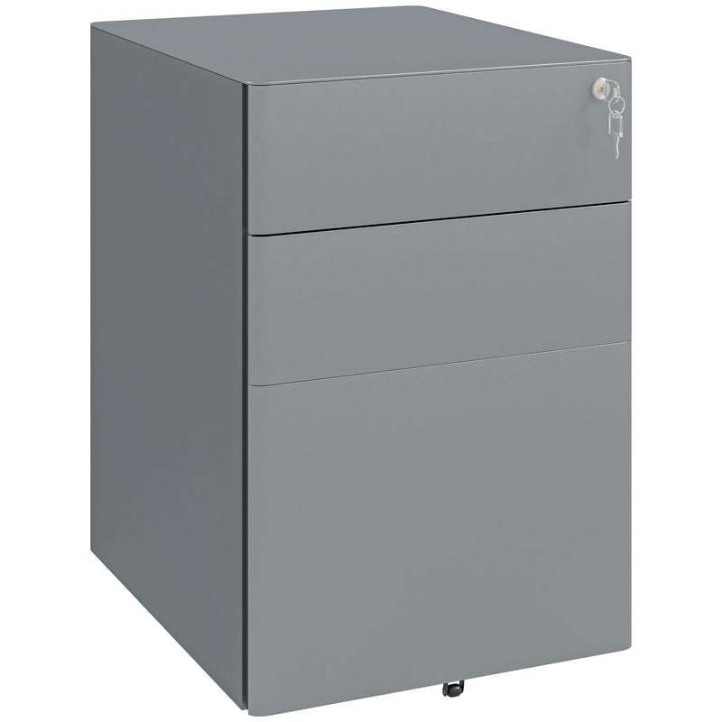 Grey steel mobile filing cabinet with three lockable drawers on swivel castors