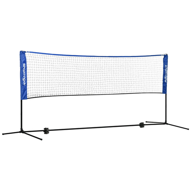Blue and black 3 m height-adjustable badminton net on a metal frame