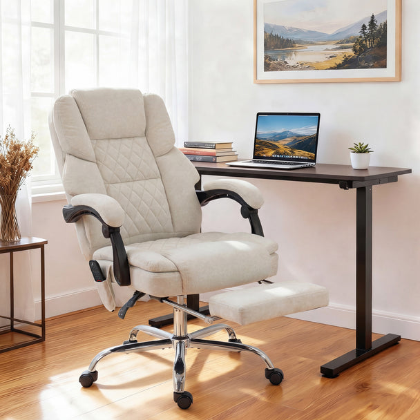 HOMCOM Office Chair with 6-point Vibration Massage and Heat, Fabric Desk Chair with Footrest, High Back, Cream White – view 2
