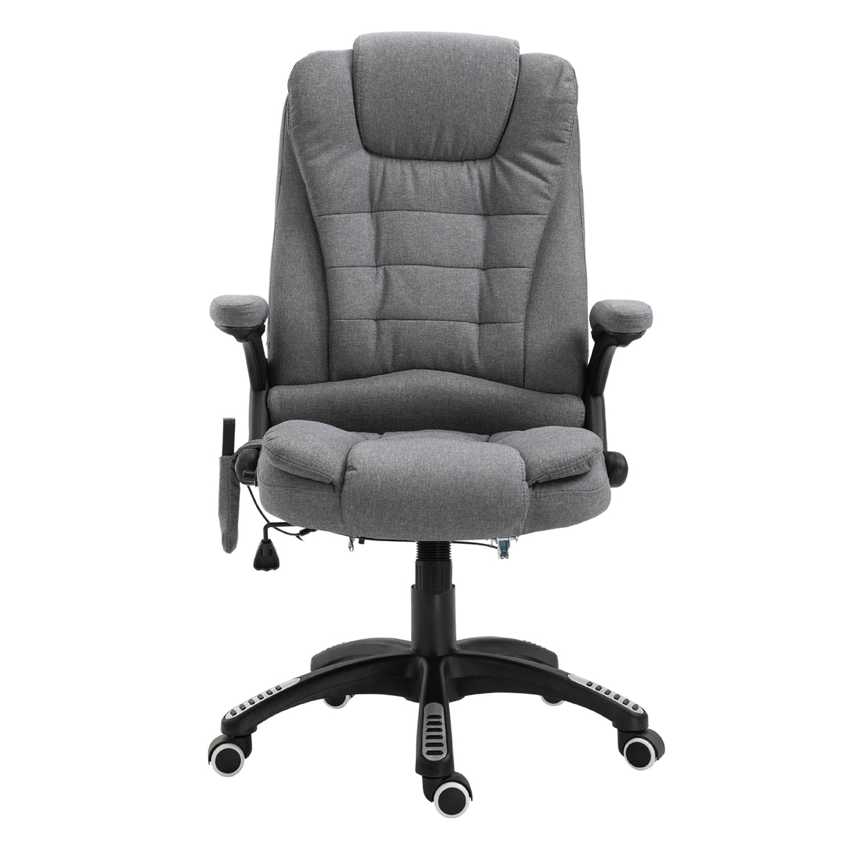 Grey linen-look heated massage recliner office chair with padded armrests, high back and remote
