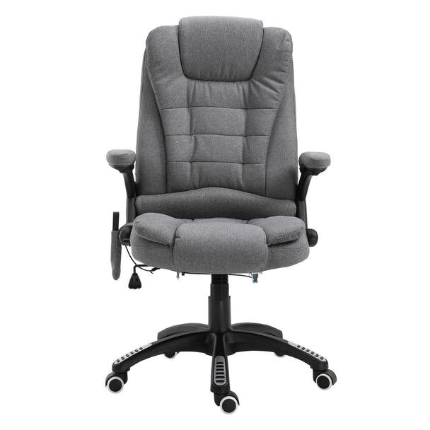 Grey linen-look heated massage recliner office chair with padded armrests, high back and remote