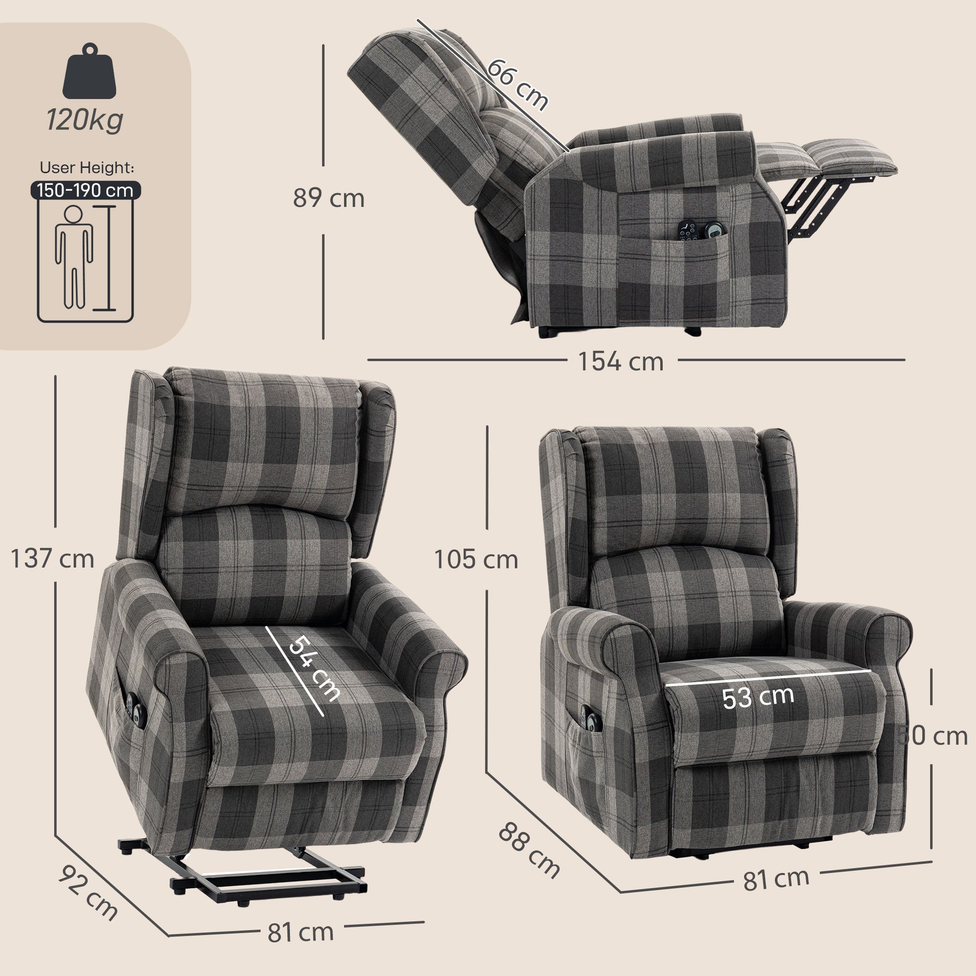 Power Lift Recliner Chair with Vibration Massage, Heat, Checked Lift Chair with Remote, Side Pockets, Grey