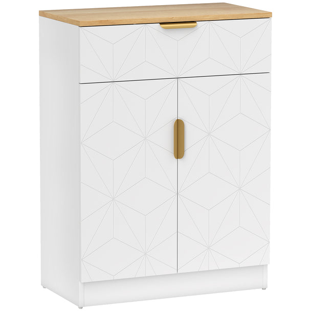 White sideboard cabinet with geometric embossed doors, natural top and gold handles