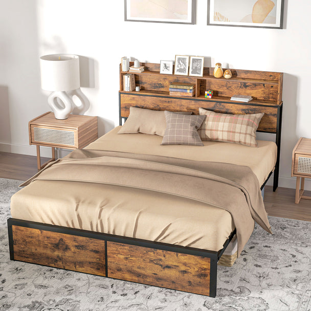 Industrial king size bed frame with rustic brown storage headboard and black steel base