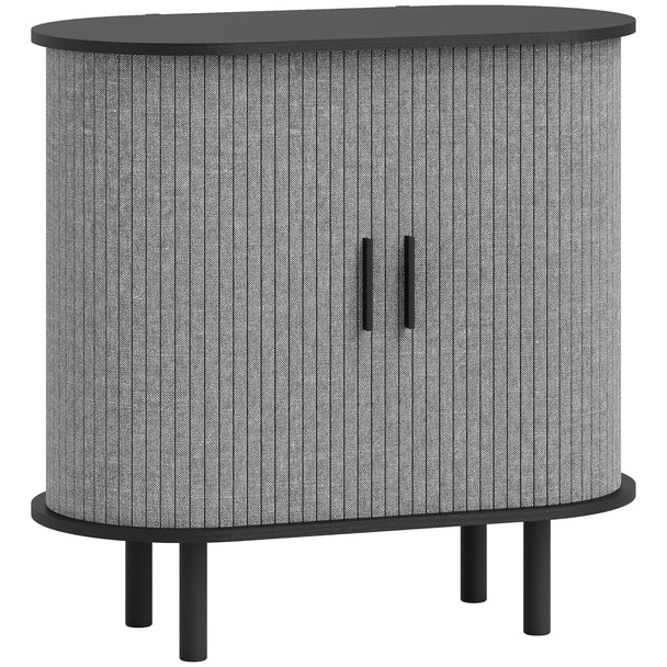Grey oval tambour sideboard with fluted linen-look sliding doors and pine legs