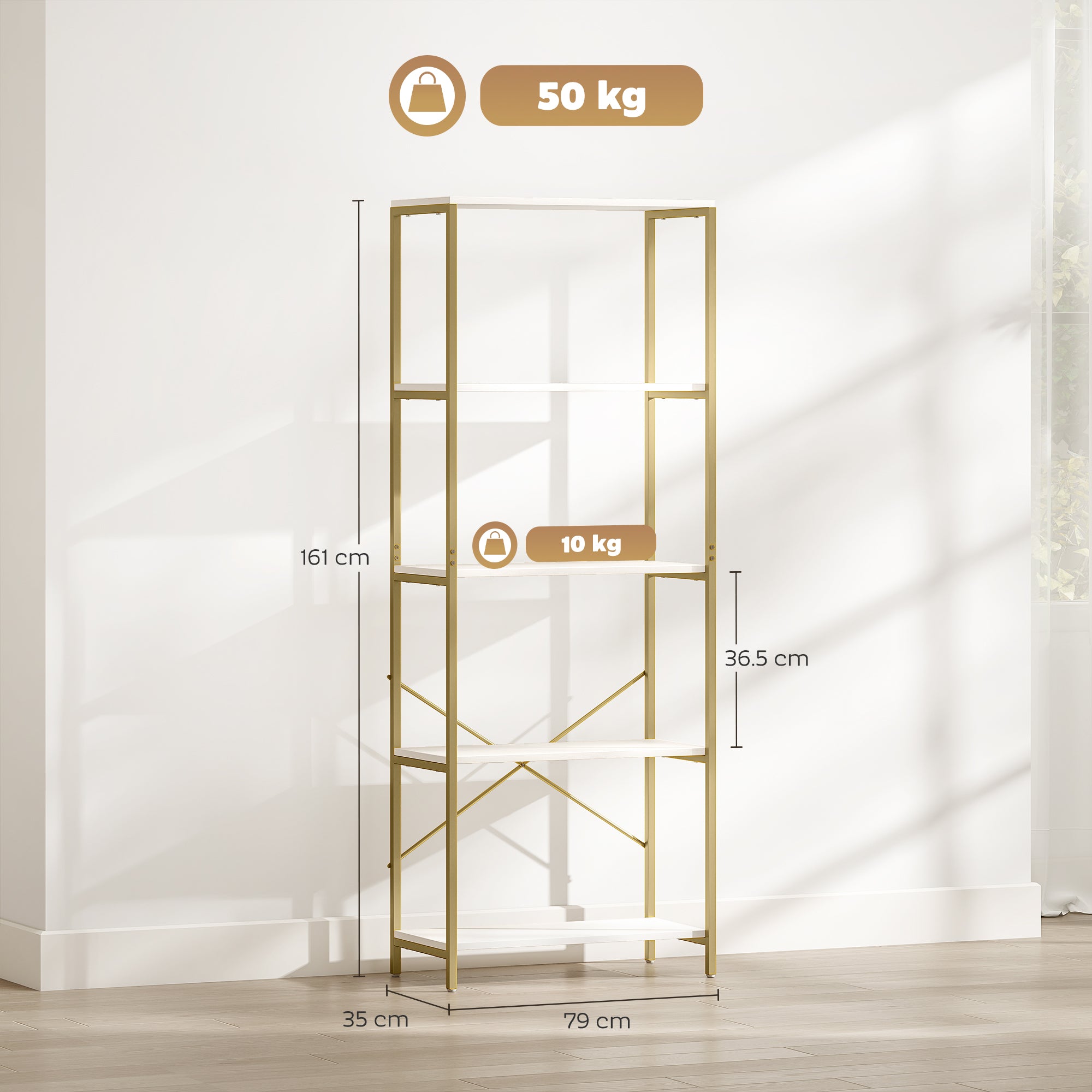 5-Tier Bookshelf, Modern Bookcase with Metal Frame - White and Gold Tone