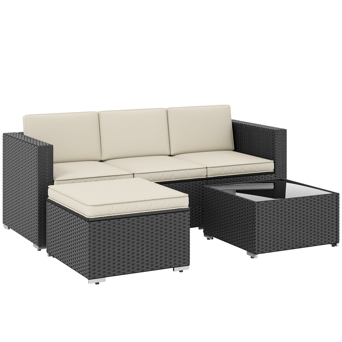 Black 3-piece rattan corner sofa set with footstool and glass-top coffee table