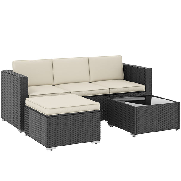 Black 3-piece rattan corner sofa set with footstool and glass-top coffee table