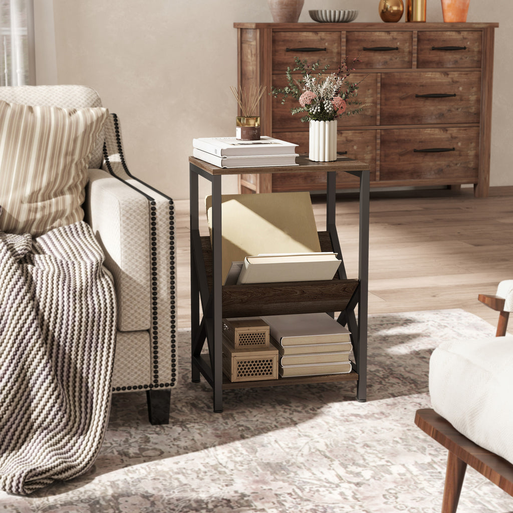 Narrow Side Table, End Table with 3-Tier Storage, V-Shaped Magazine Holder for Living Room, Bedroom, 40 x 30 x 61cm, Oak