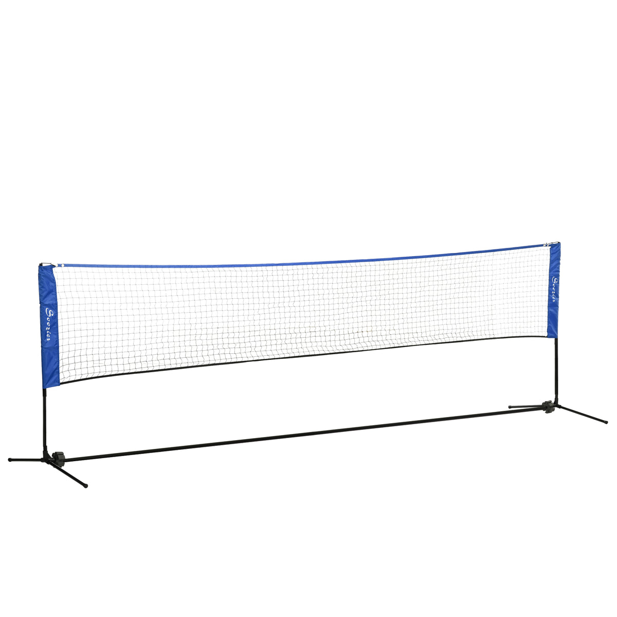 Blue and black 4 m height-adjustable badminton net on a metal frame