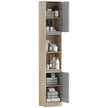 Narrow grey and oak bathroom cabinet, 170 cm tall, with two cupboards and open compartments