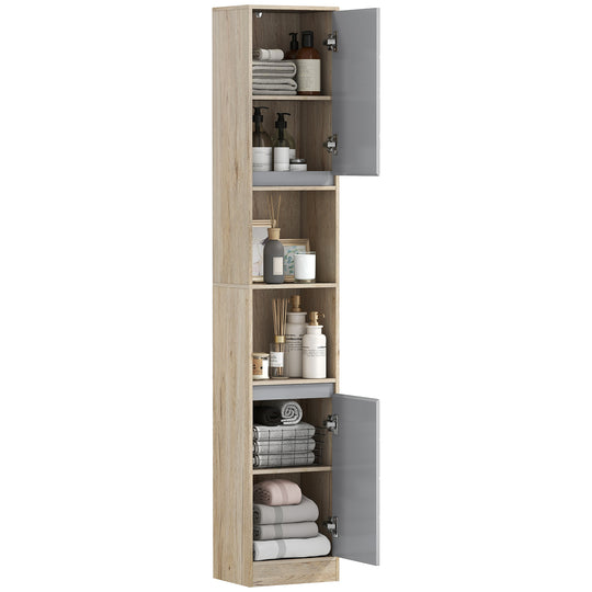 Narrow grey and oak bathroom cabinet, 170 cm tall, with two cupboards and open compartments