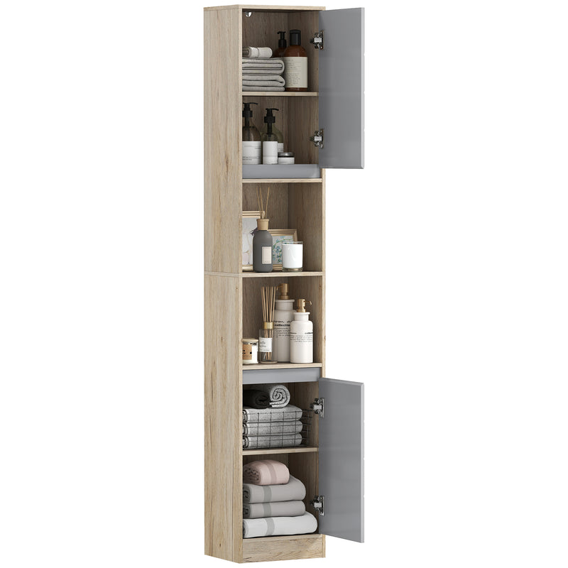 Narrow grey and oak bathroom cabinet, 170 cm tall, with two cupboards and open compartments