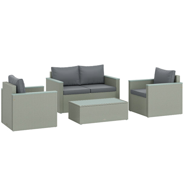 4-piece light grey rattan sofa set with loveseat, two armchairs and acacia wood coffee table